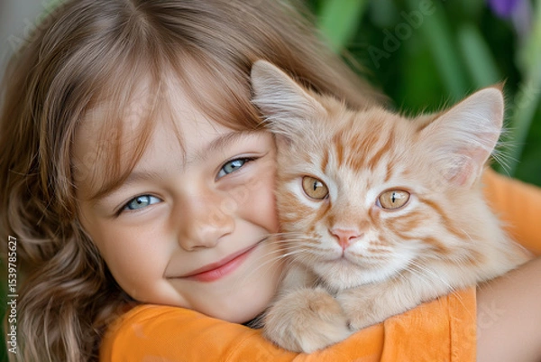 Fototapeta Girl happy smiling 5-7 years old hugging ginger cat in garden