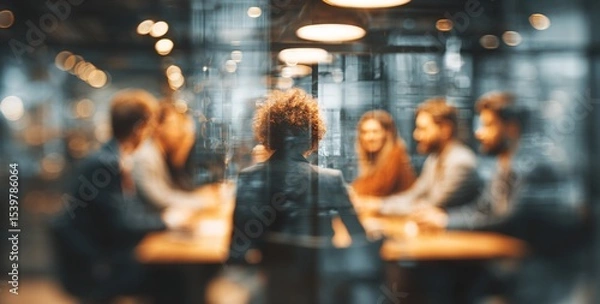 Fototapeta blurred photo of business people sitting around the table in an office, captured from behind and in focus, symbolizing collaboration within  company or between different quaint style icons.