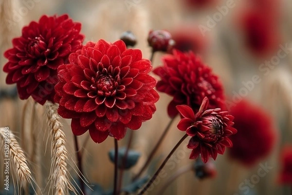 Fototapeta Rustic red dahlias on a blurred wheat field background, Thanksgiving centerpiece inspiration, natural and inviting fall decor