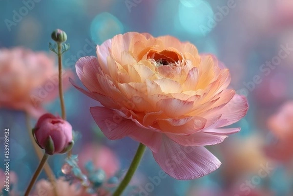 Fototapeta Soft peach ranunculus flower centered on a glowing backdrop, delicate and romantic floral aesthetic