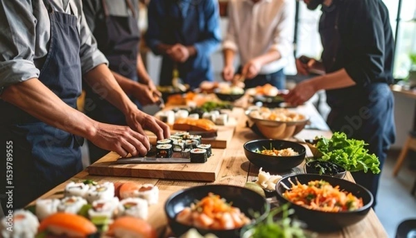 Obraz Sushi Making Class with Group Cooking.
