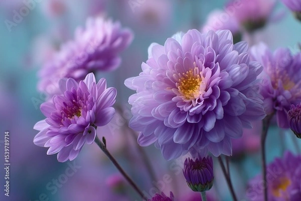 Fototapeta Soft lavender chrysanthemum bloom on a dreamy luminous backdrop, tranquil and elegant floral aesthetic