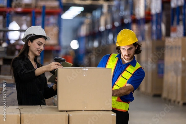 Fototapeta man in hard hat and safety vest assists women in scanning package while she records data during busy workday in a warehouse filled with shelves of goods.
