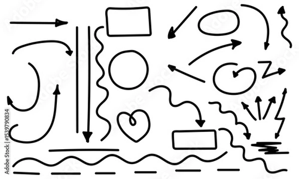Fototapeta Set of hand drawn arrows, circles and abstract doodle