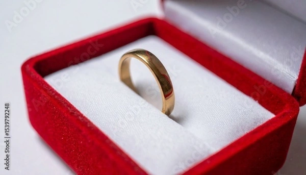 Fototapeta Golden ring placed on a satin miniature pillow in a red soft open box