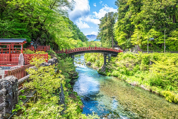 Fototapeta View at the Sacred Shinkyo bridge over Daiya river in Nikko, Japan