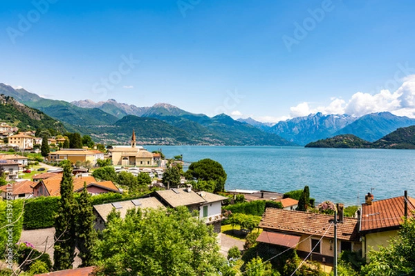 Fototapeta View of Lake Como, towards the north, from Santa Maria, with the Alps, the villages and the mountains of Valtellina.