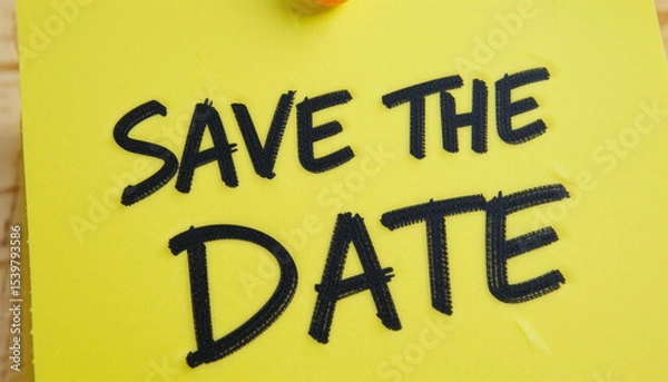 Fototapeta Save the Date Reminder Note  Yellow Sticky Note with Black Handwritten Text