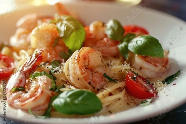Fototapeta Tasty creamy shrimp pasta garnished with basil and parmesan, perfect for restaurant menus and culinary blogs
