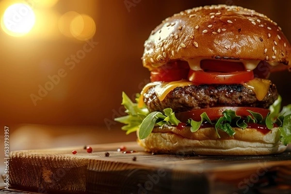 Fototapeta Close-up of mouthwatering hamburger featuring crispy greens, rich beef patty and melted cheese, perfect for menu designs and food promotions