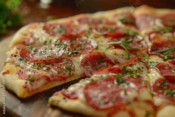 Fototapeta Tasty Italian pizza on wooden board, featuring crispy crust, gooey cheese and spicy pepperoni under gentle daylight