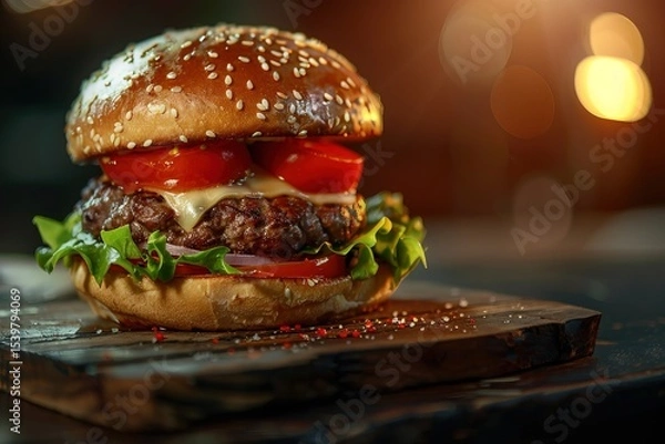 Fototapeta Juicy gourmet burger topped with fresh produce and cheese, placed on wood with cozy lighting, symbolizing casual dining and food enjoyment