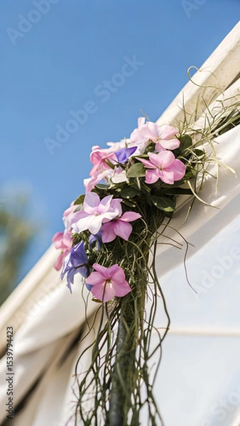 Fototapeta A floral arrangement with pink and purple flowers, green leaves and thin branches, hanging from a white fabric, with a blue sky in the background