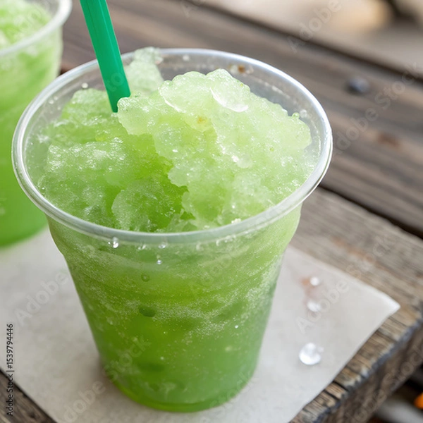 Fototapeta A green slush drink with a green straw on a wooden table