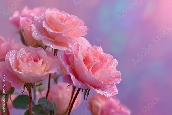 Fototapeta Soft pink roses with delicate dew drops on a glowing pastel backdrop, Ramadan Kareem floral design, peaceful and spiritual aesthetic