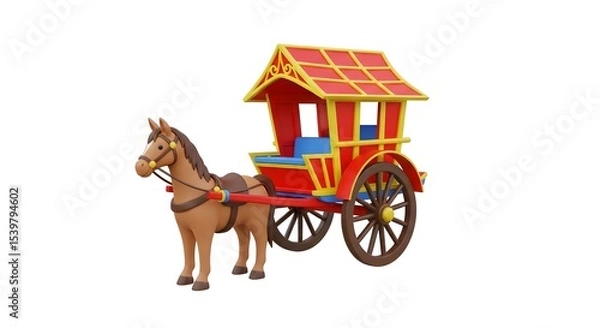 Fototapeta Cartoon Horse Pulling Red and Yellow Carriage