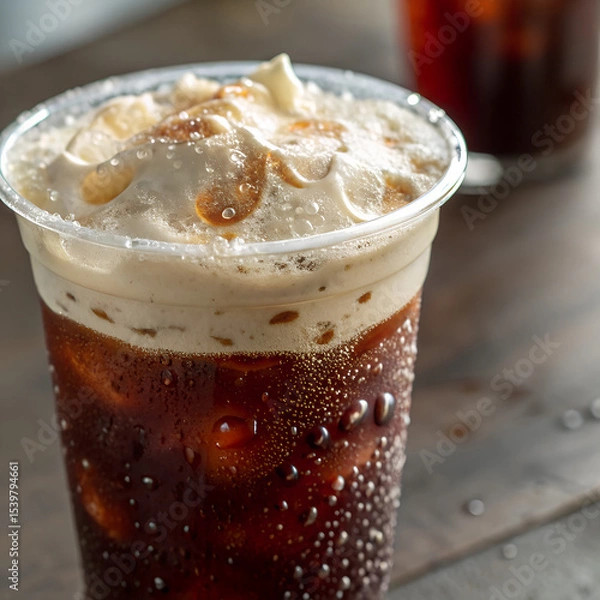 Fototapeta Cold brew coffee with vanilla foam in a clear plastic cup