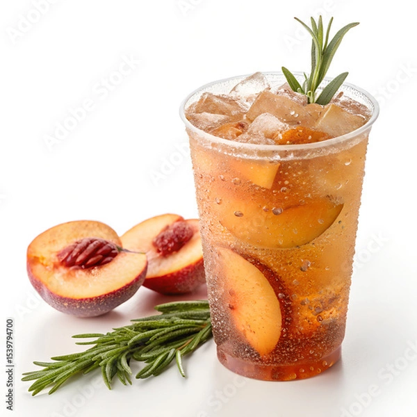 Fototapeta Peach iced tea with visible peach slices and rosemary sprig inside a clear cup, condensation, isolated on a white background