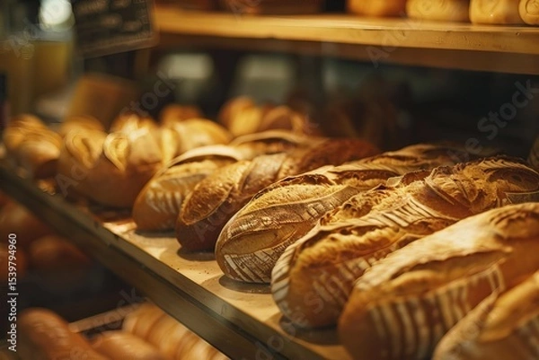 Fototapeta freshly baked baguette rests in foreground, with artisanal bakery scene behind, evoking feelings of tradition, craftsmanship and homely warmth