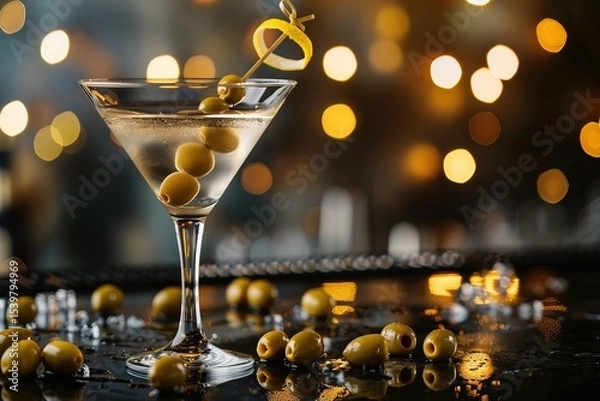 Fototapeta Elegant photo of martini glass with garnishes on modern counter, captured in dimly lit bar environment with blurred background