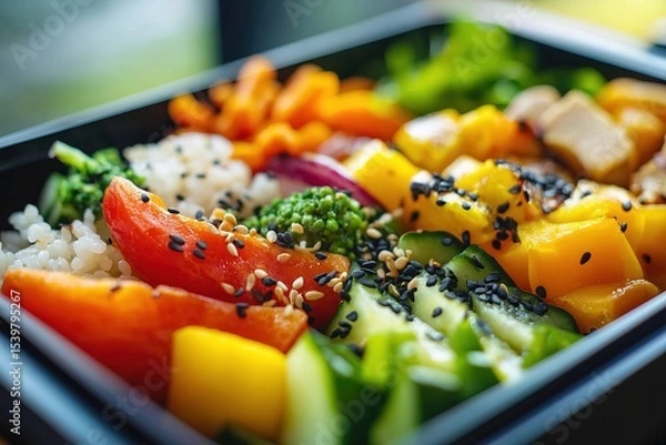 Fototapeta Fresh organized bento box composition photographed in bright lighting, ideal for use in wellness blogs, restaurant menus and food delivery branding