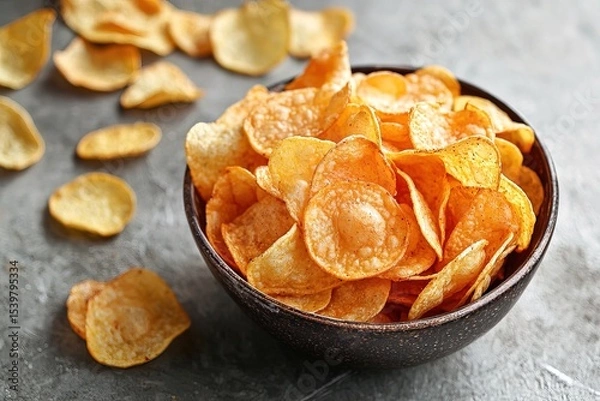 Fototapeta Close-up overhead image of crunchy potato chips in bowl, showcasing their golden texture, perfect for food packaging or snack advertisements