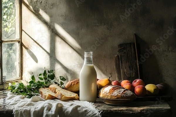 Fototapeta Serene countryside moment captured with bottle of milk, fresh produce and warm sunlight streaming through window