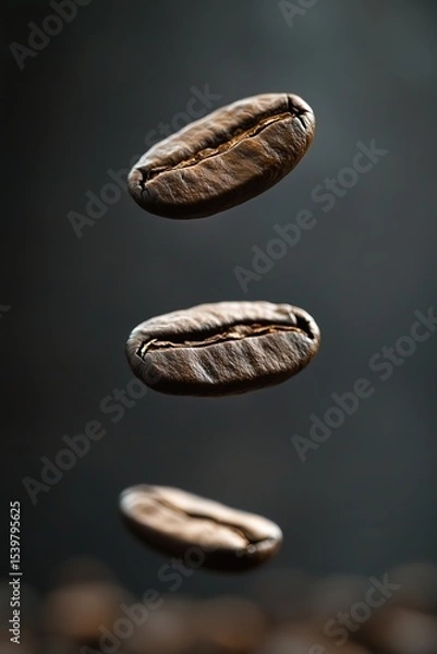 Fototapeta Vertical artistic shot of levitating coffee beans, suspended in air with dramatic lighting, conveying energy, aroma and the essence of freshly brewed coffee culture