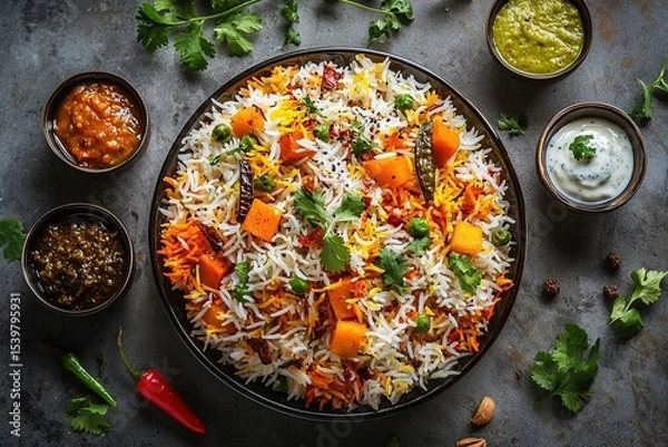 Fototapeta Overhead photo of vibrant vegetable biryani with saffron rice, served with chutney and raita, capturing bright, appetizing colors