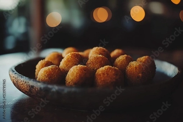 Fototapeta Close-up photo of crispy croquetas served on rustic ceramic plate, captured in soft warm lighting with clean minimal background
