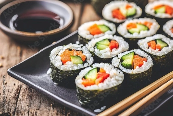 Fototapeta Plate of colorful vegan sushi rolls with fresh vegetables, wrapped in rice and seaweed, served with soy sauce and chopsticks under soft, diffused lighting