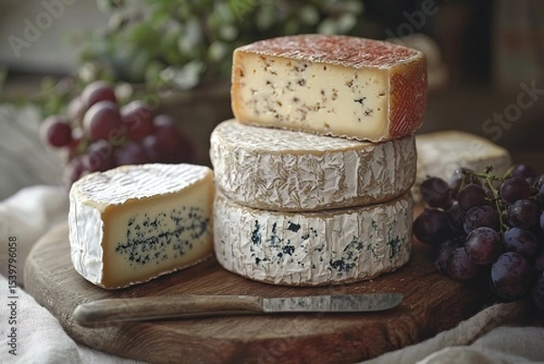 Fototapeta Elegant food composition with selection of artisan cheeses, including creamy soft, aged hard and bold blue varieties, complemented by fresh grapes and rustic backdrop