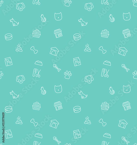 Fototapeta Seamless pattern and background with thin line icons related to pets and animals for pet shop websites and prints. Vector illustration.