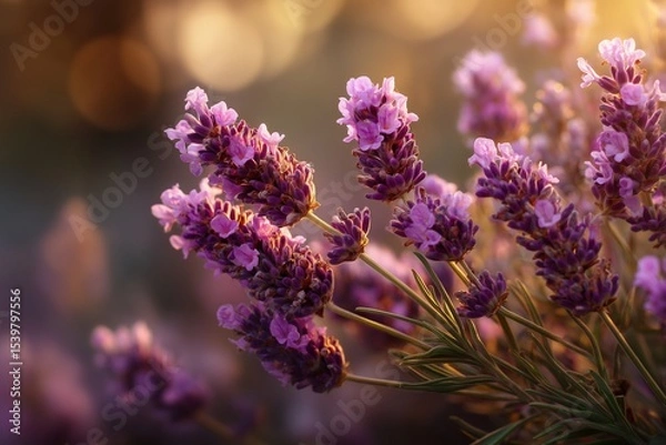 Fototapeta Soft purple lavender sprig in focus on a dreamy light blurred background, tranquil and aromatic floral aesthetic