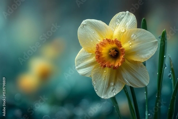 Fototapeta Soft yellow daffodil on a light green bokeh background, Easter Sunday theme, fresh and cheerful spring floral concept