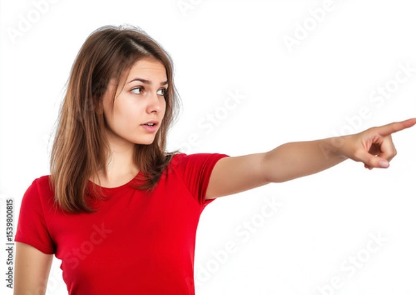 Fototapeta Young Woman in Red Shirt Pointing at Empty Space – High-Quality Stock Photo with Professional Color Grading, Minimal Contrast, and Clean, Sharp Focus on White Background