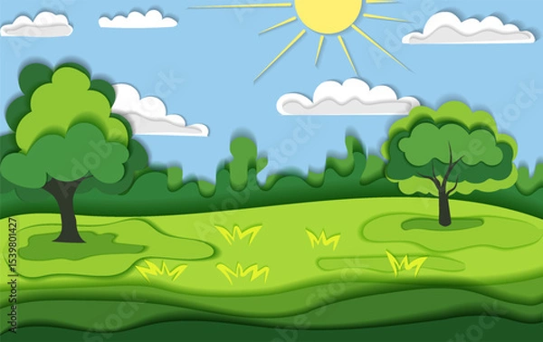 Fototapeta Vector illustration of a vibrant landscape with rolling green hills, trees, fluffy clouds, and a bright sun shining in the sky. Paper cut style