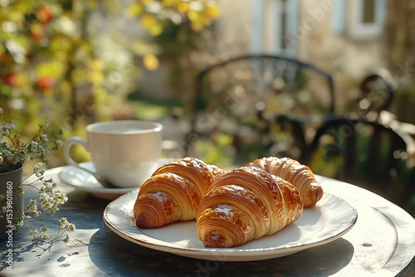 Fototapeta Delicious golden French croissants on a plate and a cup on a table with flowers in the garden in the morning. Generated by artificial intelligence
