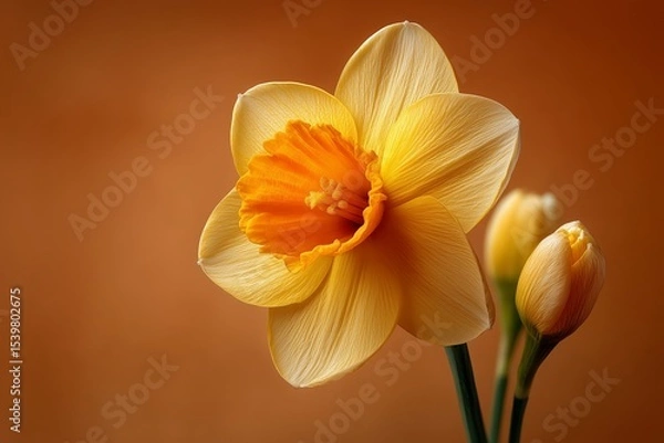 Fototapeta Sunlit yellow daffodil with delicate petals against a warm glowing backdrop, cheerful and minimalist floral design