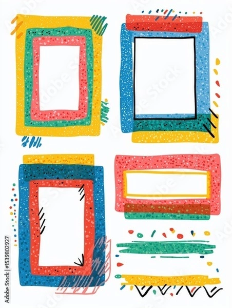 Fototapeta Four colorful, hand-drawn rectangular frames with abstract patterns and decorative elements on a white background.