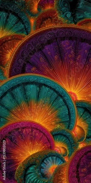 Obraz A vibrant abstract digital artwork featuring intricate, glowing, fan-shaped fractal patterns in warm oranges, purples, and cool blues creating a dynamic visual effect.