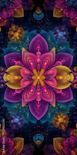 Obraz A vibrant, symmetrical digital artwork of a glowing floral mandala with rich hues of purple, pink, yellow, and blue on a dark starry background.