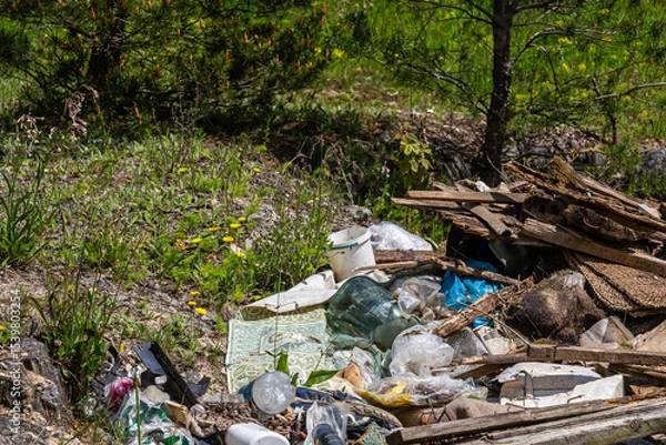 Obraz Illegal landfill pollutes natural landscape with discarded waste and debris in a forested area