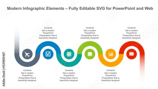 Fototapeta Colorful Horizontal Timeline Infographic with 6 Steps and Icons. Fully editable vector SVG file compatible with PowerPoint, Illustrator, and most vector-based applications.