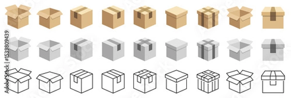 Obraz Box line and flat icons. Box in flat style. Carton box icons. Empty open shipping box or unboxing line art. Carton boxes icon set. Stock vector. Vector illustration.