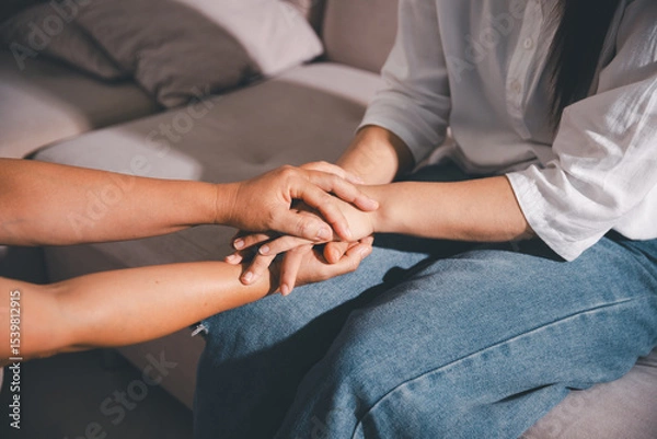 Obraz Moment of deep grief, sorrow and anxiety, lonely person overwhelmed by despair feels spark of hope when helping hand reaches out with genuine emotion to ease their problem.