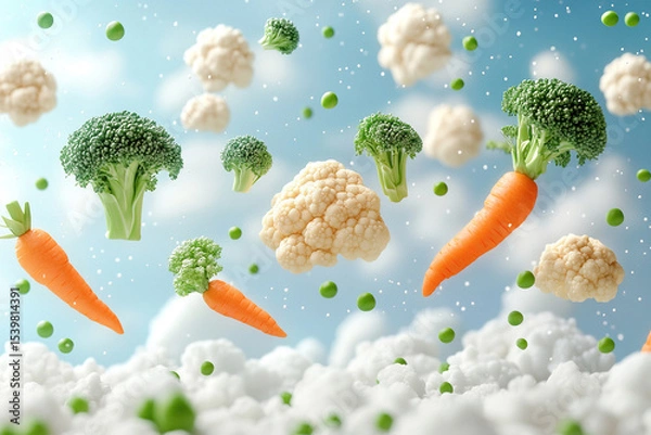 Fototapeta An explosion of healthy vegetables in the sky with fluffy clouds. Carrots and broccoli fly in the sky.