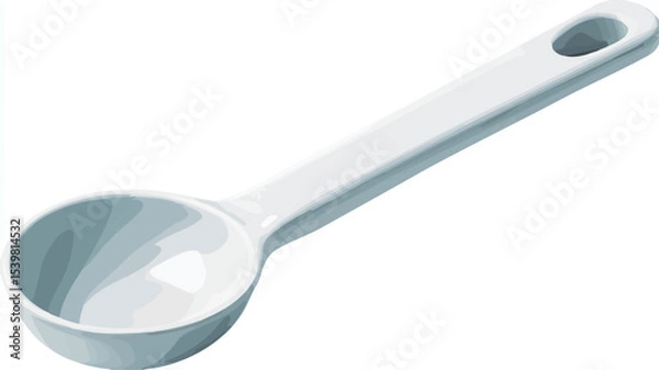 Fototapeta A close-up shot of a single white plastic measuring spoon isolated on a white background. The spoon has a long handle with an oval-shaped hole near the top and a rounded bowl.