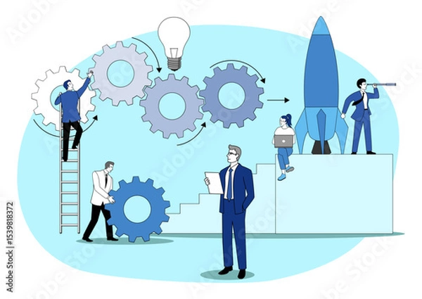 Obraz Startup Launch Concept, with teamwork, gears, and light bulb Idea