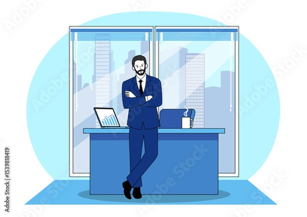 Obraz Confident businessman in an office with a view of city skyscrapers, vector illustration.
